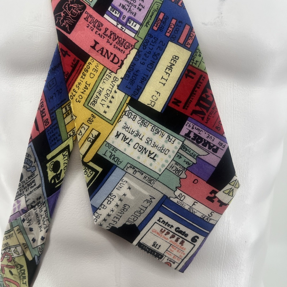 Nicole Miller 90s Silk Tie Ticket Stubs Theater Venues Vintage 4"x59"